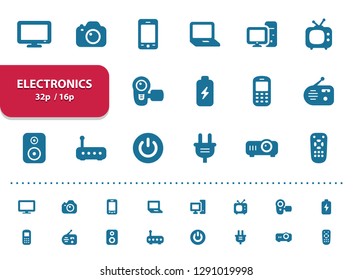Electronics Icons. Professional, pixel perfect icons, EPS 10 format, optimized for 32p and 16p (2x magnification for preview).