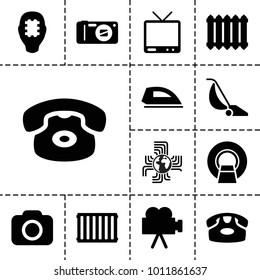 Electronics icons. set of 13 editable filled electronics icons such as desk phone, cpu in head, tv, camera, radiator, iron, vacuum cleaner, mri