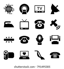 Electronics icons. set of 16 editable filled electronics icons such as iron, vacuum cleaner, tv system, desk phone, cpu planet, laptop with heart, satellite, tv, camera, mri