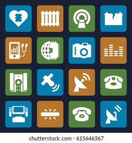 Electronics icons set. set of 16 electronics filled icons such as camera, desk phone, MRI, mp3 player, equalizer, radiator, broken battery, satellite, CPU in heart, CPU planet