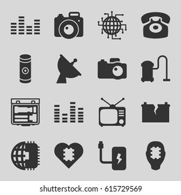 Electronics icons set. set of 16 electronics filled icons such as vacuum cleaner, satellite, Tv, equalizer, battery, desk phone, camera, broken battery, CPU in head