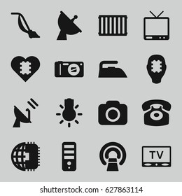 Electronics icons set. set of 16 electronics filled icons such as iron, vacuum cleaner, CPU, MRI, satellite, TV, desk phone, camera, camera bulb, radiator, CPU in head