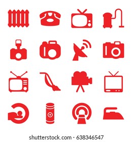 Electronics icons set. set of 16 electronics filled icons such as camera, desk phone, iron, vacuum cleaner, mri, tv, tv, battery, radiator