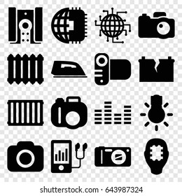 Electronics icons set. set of 16 electronics filled icons such as iron, camera, mp3 player, equalizer, camera bulb, radiator, broken battery, cpu in head