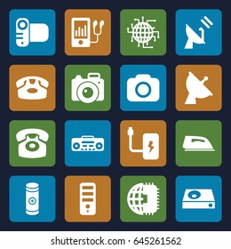 Electronics icons set. set of 16 electronics filled icons such as desk phone, iron, cpu, satellite, camera, dvd player, mp3 player, battery, record player