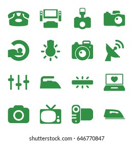 Electronics icons set. set of 16 electronics filled icons such as desk phone, iron, mri, laptop with heart, equalizer, camera, camera bulb, satellite, tv