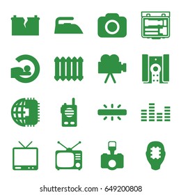Electronics icons set. set of 16 electronics filled icons such as iron, mri, tv, tv, equalizer, camera, radiator, broken battery, walkie talkie, cpu in head