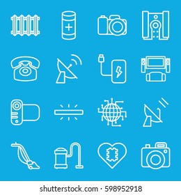 electronics icons set. Set of 16 electronics outline icons such as vacuum cleaner, camera, battery, desk phone, radiator, satellite, CPU in heart, CPU planet