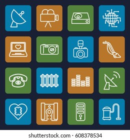 Electronics icons set. set of 16 electronics outline icons such as vacuum cleaner, CPU, laptop with heart, satellite, dvd player, equalizer, camera, radiator, CPU in heart