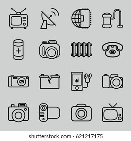 Electronics icons set. set of 16 electronics outline icons such as vacuum cleaner, Tv, camera, mp3 player, battery, radiator, broken battery, satellite, CPU planet, desk phone