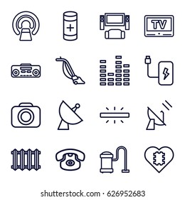 Electronics icons set. set of 16 electronics outline icons such as vacuum cleaner, MRI, satellite, equalizer, battery, record player, camera, TV, radiator, CPU in heart