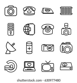 Electronics icons set. set of 16 electronics outline icons such as desk phone, iron, cpu, mri, laptop with heart, satellite, dvd player, battery, camera, radiator, cpu planet
