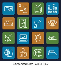 Electronics icons set. set of 16 electronics outline icons such as desk phone, iron, laptop with heart, tv, dvd player, equalizer, camera, satellite, battery, cpu in head