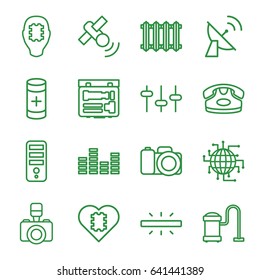 Electronics icons set. set of 16 electronics outline icons such as desk phone, vacuum cleaner, cpu, equalizer, battery, camera, radiator, satellite