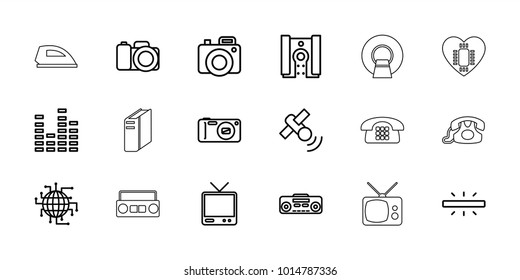 Electronics icons. set of 18 editable outline electronics icons: cpu planet, tv, equalizer, record player, camera, satellite, desk phone, iron, cpu, mri