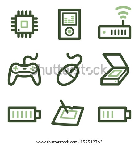 Electronics icons set 2, green line contour series