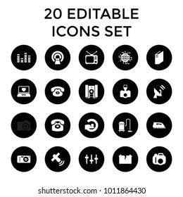 Electronics icons. set of 20 editable filled electronics icons such as iron, camera, desk phone, mri, cpu planet. best quality electronics elements in trendy style.