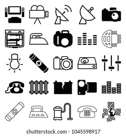 Electronics Icons. Set Of 25 Editable Filled And Outline Electronics Icons Such As Camera, Tv System, Equalizer, Broken Battery, Iron, Vacuum Cleaner, Satellite, Dvd Player