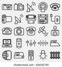Electronics icons set. set of 25 electronics outline icons such as desk phone, iron, cpu, mri, laptop with heart, equalizer, camera, dvd player, battery, camera bulb, radiator
