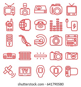 Electronics icons set. set of 25 electronics outline icons such as vacuum cleaner, cpu, mri, tv, tv, camera, dvd player, equalizer, record player, desk phone, radiator