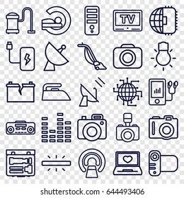 Electronics icons set. set of 25 electronics outline icons such as camera, iron, vacuum cleaner, cpu, mri, laptop with heart, satellite, equalizer, mp3 player, record player
