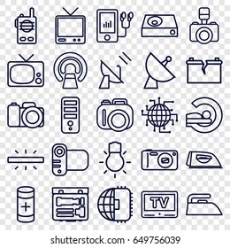 Electronics Icons Set. Set Of 25 Electronics Outline Icons Such As Iron, Cpu, Mri, Satellite, Tv, Camera, Dvd Player, Mp3 Player, Battery, Camera Bulb, Broken Battery