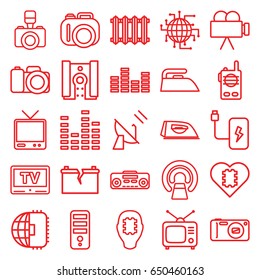 Electronics icons set. set of 25 electronics outline icons such as iron, cpu, mri, tv, tv, equalizer, record player, camera, radiator, broken battery, satellite, battery