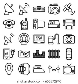 Electronics icons set. set of 25 electronics outline icons such as iron, vacuum cleaner, mri, satellite, equalizer, camera, dvd player, mp3 player, battery, record player, tv