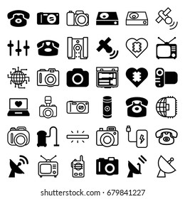 Electronics icons set. set of 36 electronics filled and outline icons such as camera, desk phone, vacuum cleaner, laptop with heart, tv, equalizer, dvd player, battery