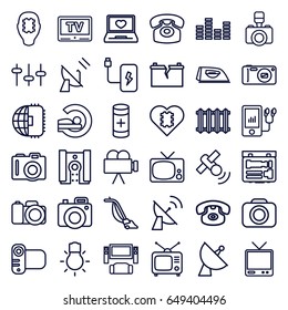 Electronics icons set. set of 36 electronics outline icons such as camera, iron, vacuum cleaner, mri, laptop with heart, satellite, tv, equalizer, tv, mp3 player, battery