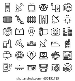 Electronics icons set. set of 36 electronics outline icons such as camera, iron, vacuum cleaner, cpu, mri, laptop with heart, satellite, tv, equalizer, mp3 player