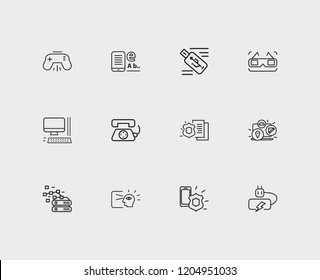 Electronics icons set. 3d glasses and electronics icons with e-book, mobile security and computer battery. Set of contact for web app logo UI design.