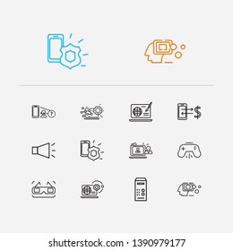 Electronics icons set. 3d glasses and electronics icons with system unit, web design and find my phone. Set of notebook for web app logo UI design.