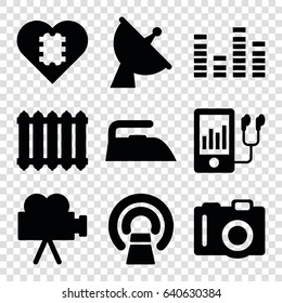 Electronics icons set. set of 9 electronics filled icons such as camera, iron, mri, satellite, equalizer, mp3 player, radiator