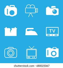 Electronics icons set. set of 9 electronics filled and outline icons such as camera, iron, tv