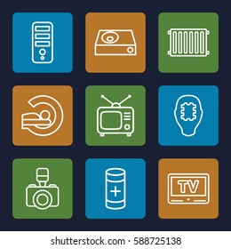 electronics icons set. Set of 9 electronics outline icons such as CPU, MRI, Tv, dvd player, battery, camera, TV, radiator