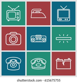 Electronics icons set. set of 9 electronics outline icons such as desk phone, iron, Tv, TV, record player, camera
