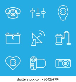 Electronics icons set. set of 9 electronics outline icons such as vacuum cleaner, equalizer, camera, broken battery, satellite, cpu in head, cpu in heart