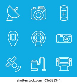 Electronics icons set. set of 9 electronics outline icons such as vacuum cleaner, mri, satellite, battery, camera, cpu in head