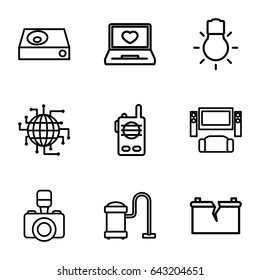 Electronics Icons Set. Set Of 9 Electronics Outline Icons Such As Vacuum Cleaner, Laptop With Heart, Dvd Player, Camera, Camera Bulb, Broken Battery, Walkie Talkie, Cpu Planet