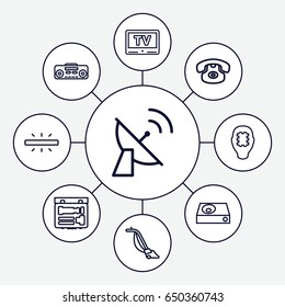Electronics icons set. set of 9 electronics outline icons such as vacuum cleaner, dvd player, record player, camera, tv, satellite, cpu in head