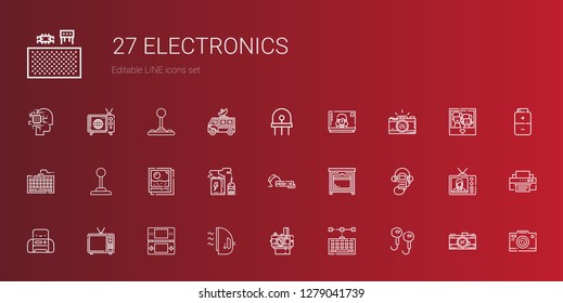 electronics icons set. Collection of electronics with earphones, keyboard, photo camera, iron, console, television, printer, audio guide. Editable and scalable electronics icons.