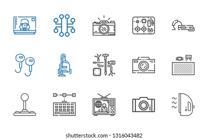 electronics icons set. Collection of electronics with iron, photo, television, keyboard, joystick, components, photo camera, vacuum cleaner. Editable and scalable electronics icons.