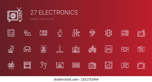 electronics icons set. Collection of electronics with photo, television, vhs, earphones, oven, photo camera, console, satellite dish. Editable and scalable electronics icons.