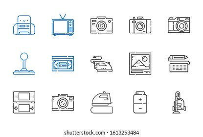 electronics icons set. Collection of electronics with vacuum cleaner, battery, iron, photo camera, console, keyboard, photo, vhs, joystick. Editable and scalable electronics icons.