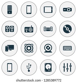 Electronics icons set with keyboard, smartphone, PC and other processor elements. Isolated vector illustration electronics icons.