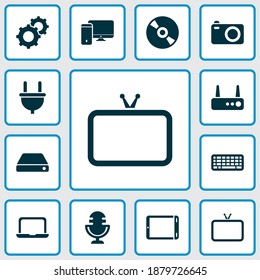 Electronics icons set with laptop, hard drive, router and other compact disc elements. Isolated vector illustration electronics icons.