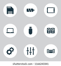 Electronics icons set with laptop, sound system, setting and other diskette elements. Isolated vector illustration electronics icons.