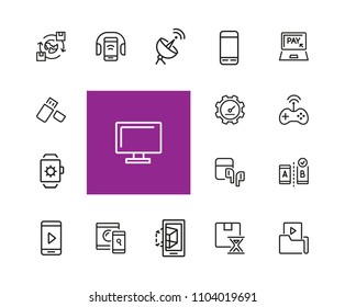Electronics icons. Set of  line icons. Mobile phone, data storage, satellite. Modern technology concept. Vector illustration can be used for topics like mobile service, apps, digital devices.