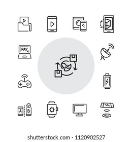 Electronics icons. Set of  line icons. Mobile phone, data storage, satellite. Modern technology concept. Vector illustration can be used for topics like mobile service, apps, digital devices.